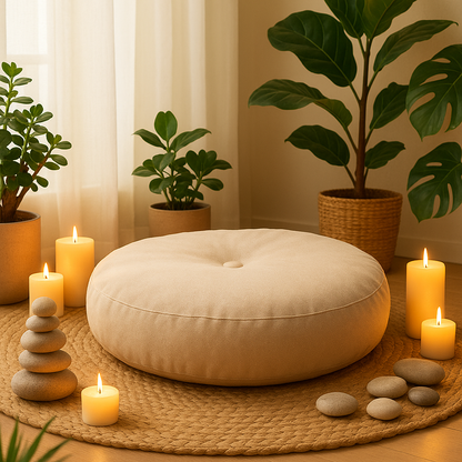 Coussin de méditation creme entouré de bougies allumées, plantes vertes et galets, dans une ambiance inspirante et détendue