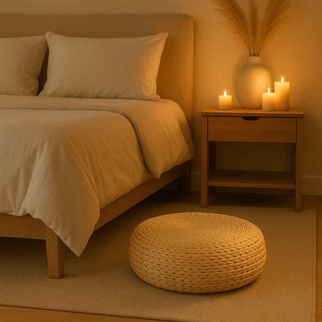 Coussin de méditation en fibres naturelles dans une chambre ambiance tamisée