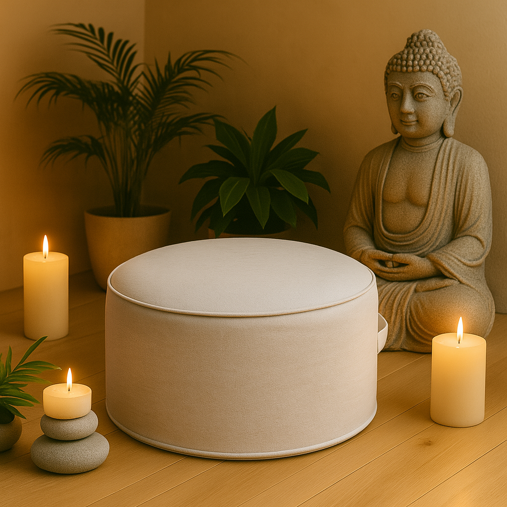Coussin de méditation gris clair entouré de bougies, plantes vertes et statue de Bouddha dans une ambiance zen