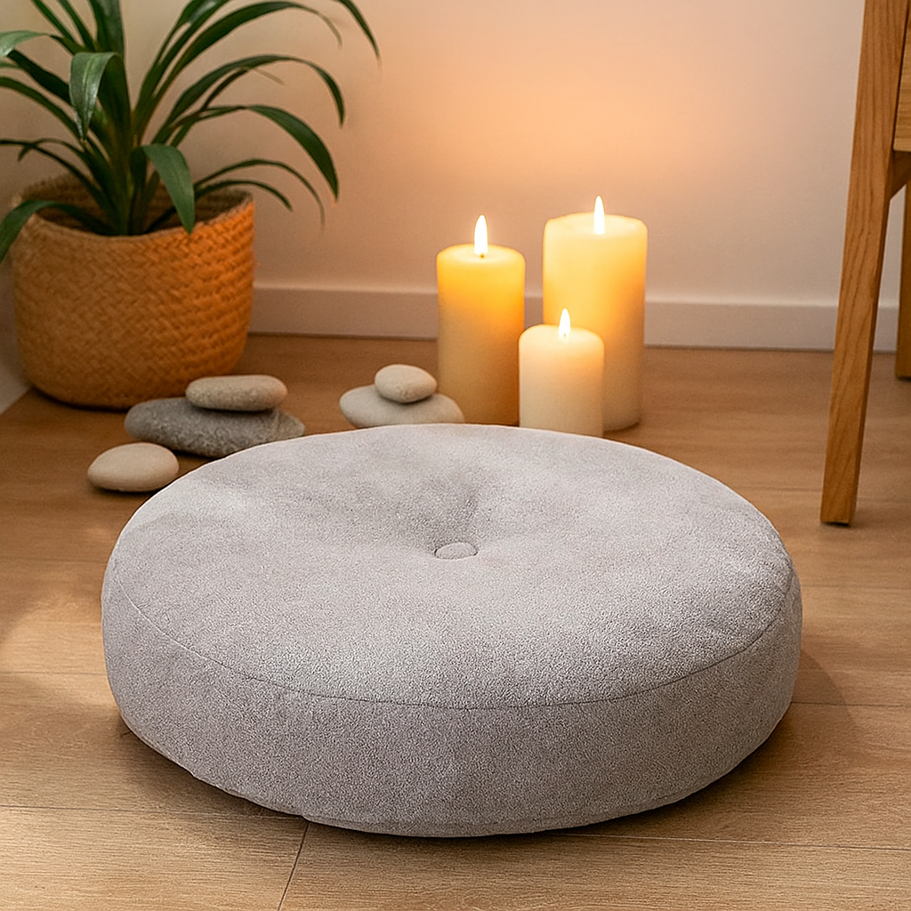 Coussin de méditation gris entouré de bougies allumées, galets et plantes dans un espace bien être