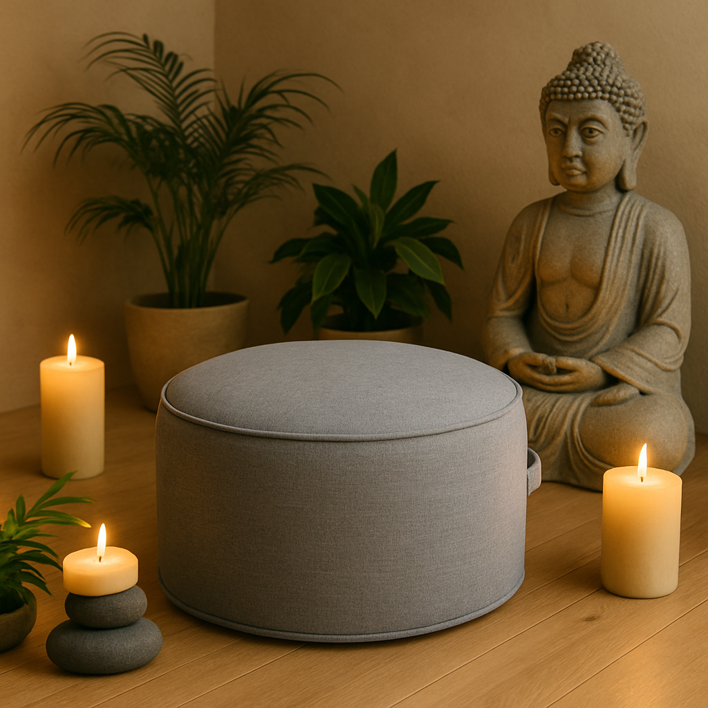 Coussin de méditation gris foncé entouré de bougies allumées, plantes vertes et statue de Bouddha dans une ambiance bien être apaisante