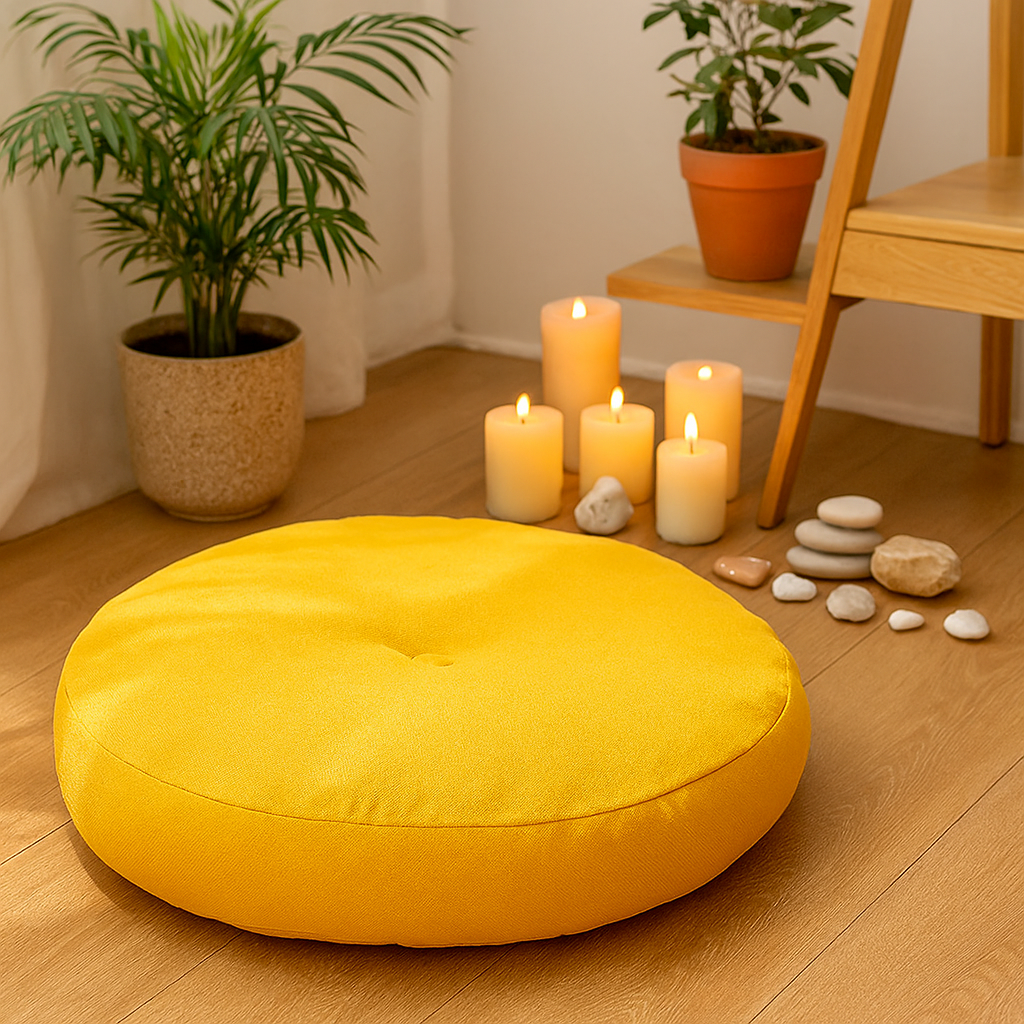 Coussin de méditation jaune entouré de bougies allumées, galets et plantes dans un coin zen et chaleureux