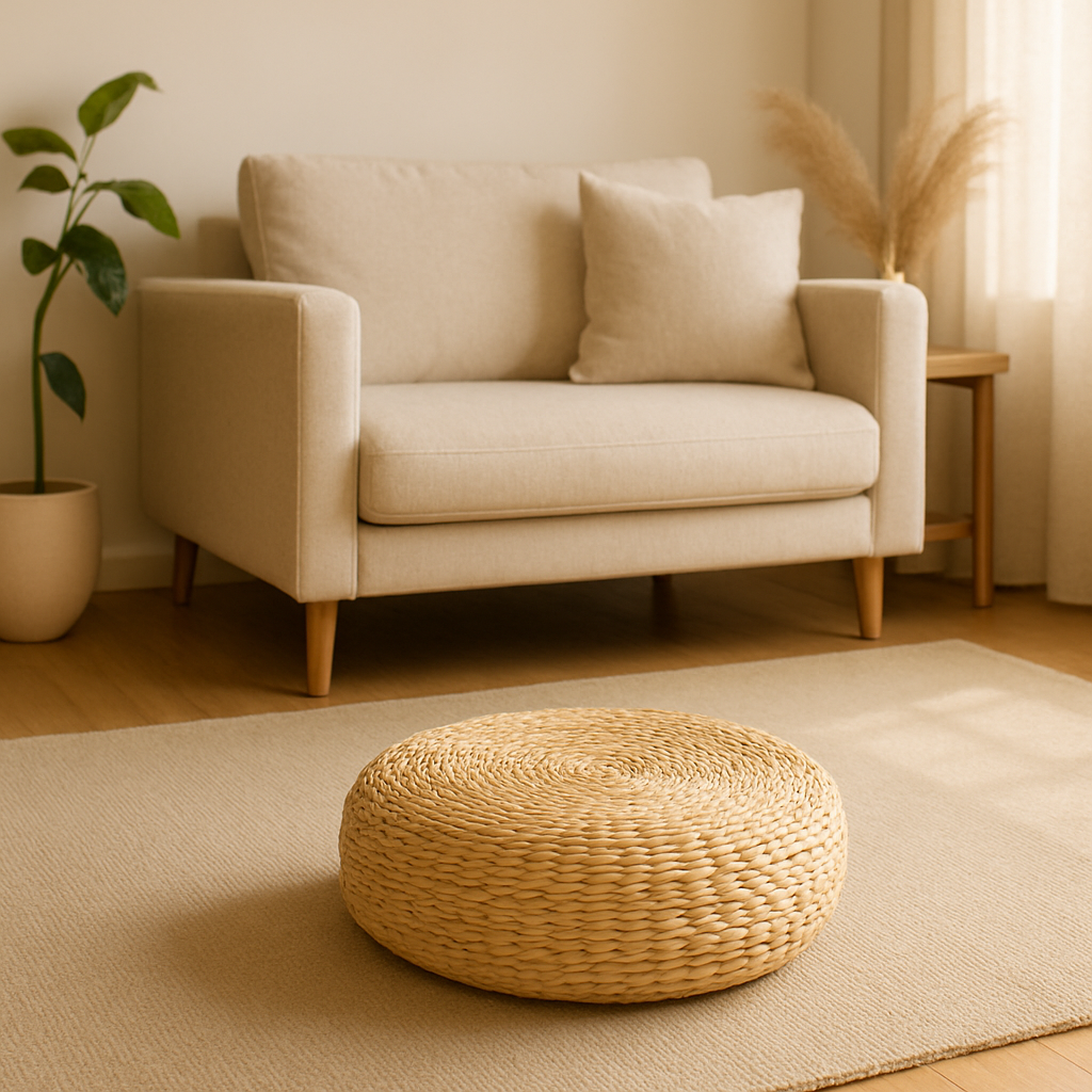 coussin de méditation en paille posé dans un salon