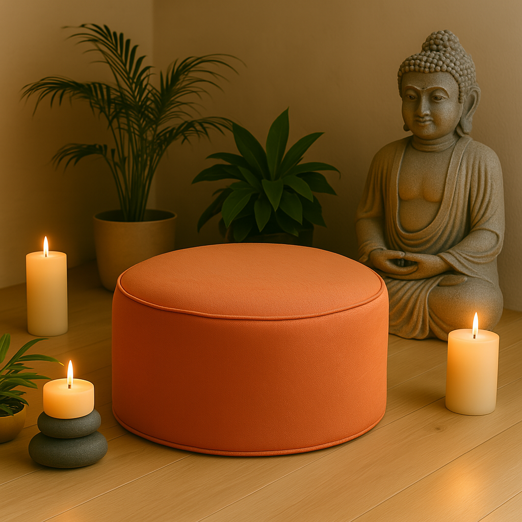 Coussin de méditation orange disposé dans un coin bien-être avec bougies, plantes et statue de Bouddha