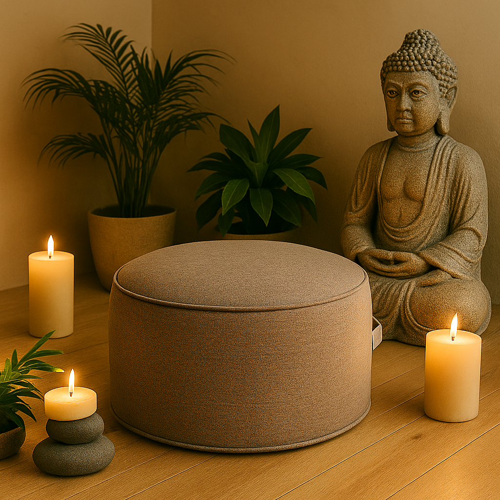 Coussin de méditation taupe posé entre des bougies, des plantes et une statue de Bouddha, décor zen et naturel