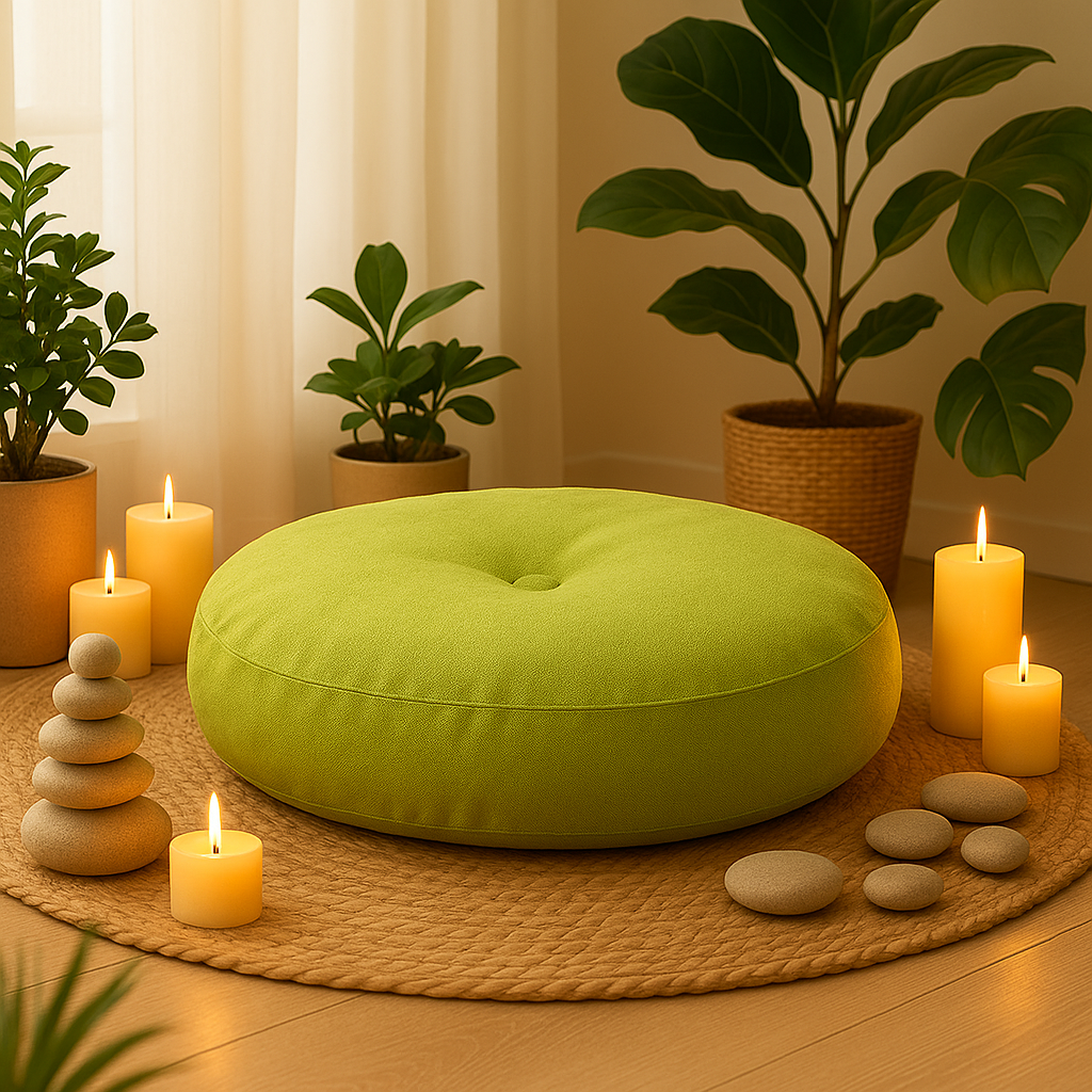 Coussin de méditation vert doux au centre d’un espace, entouré de bougies, plantes et galets pour le bien-être