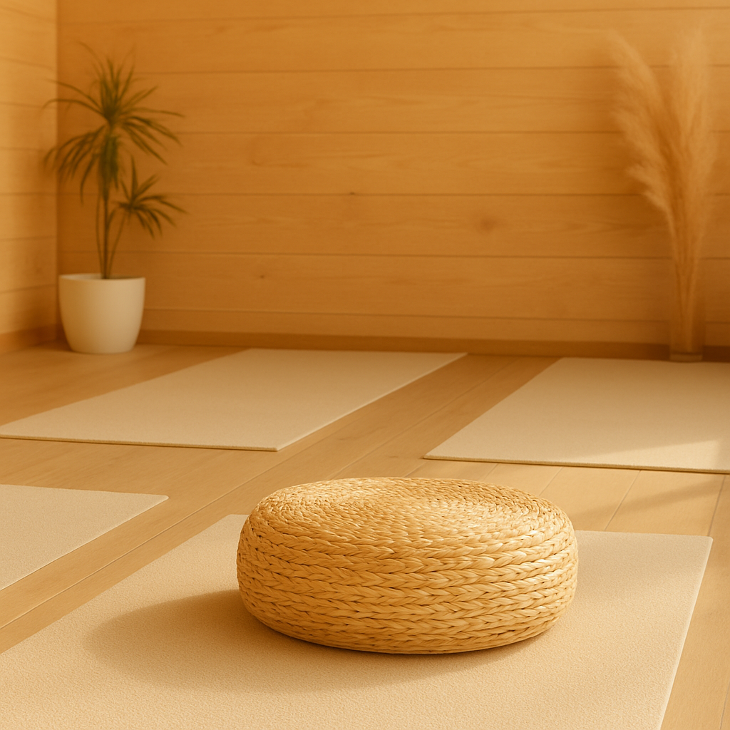 Coussin de méditation zafu en fibres naturelles posé dans une salle de yoga