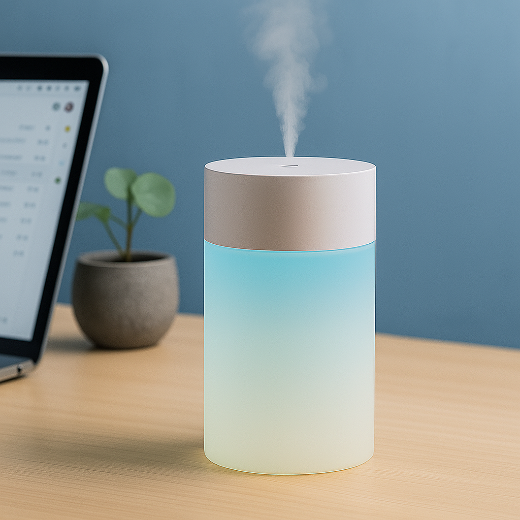 Diffuseur d’huiles essentielles cylindrique avec éclairage bleuté, posé sur un bureau moderne à côté d’un ordinateur portable et d’une plante.

