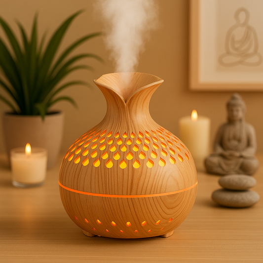 Diffuseur d’huiles essentielles en bois clair allumé, émettant une vapeur fine près de bougies et d'une statue bouddha, posé sur une table en bois