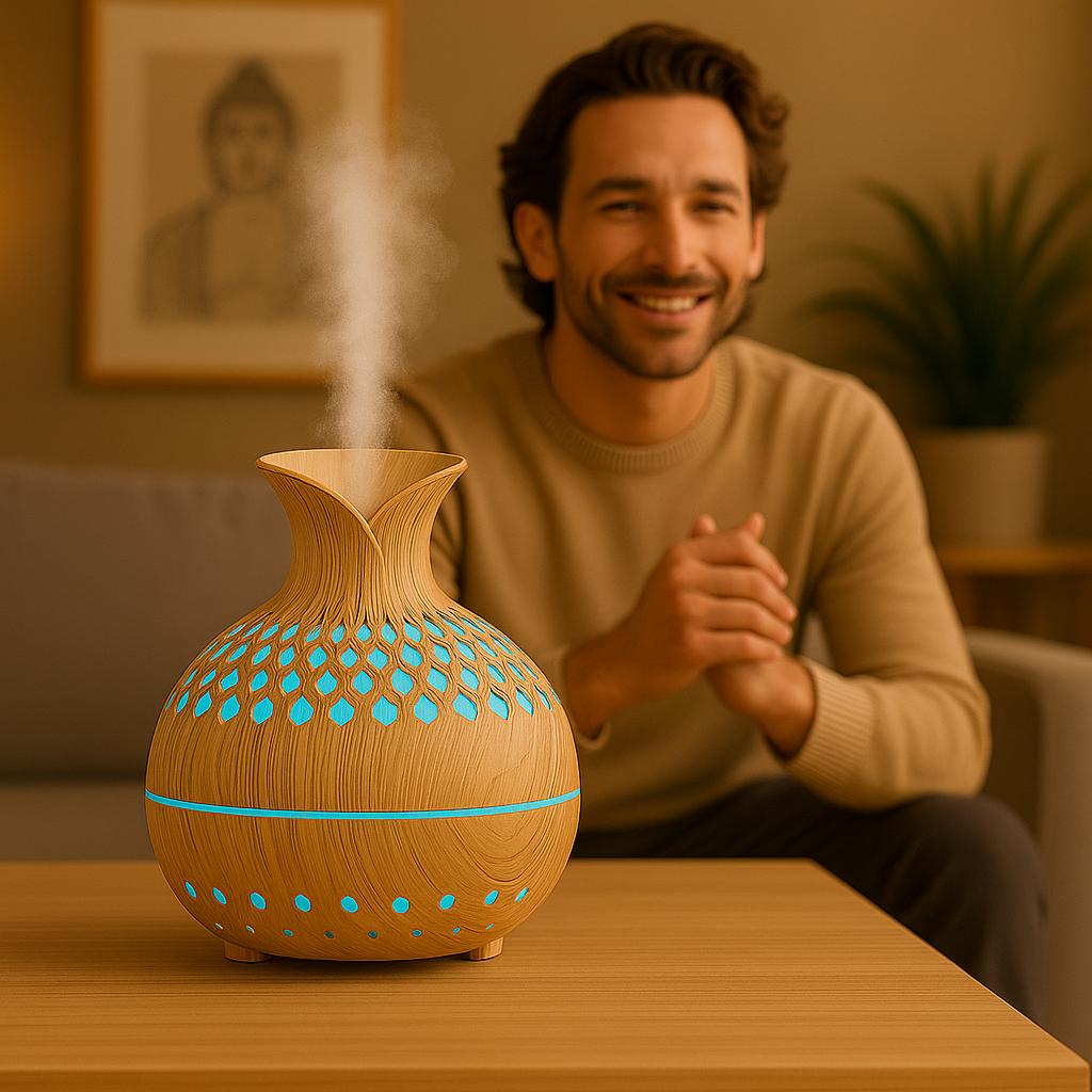 Diffuseur d’huiles essentielles en bois clair avec lumière bleue, posé sur une table dans un salon cosy, un homme souriant à l’arrière-plan avec un tableau de bouddha.