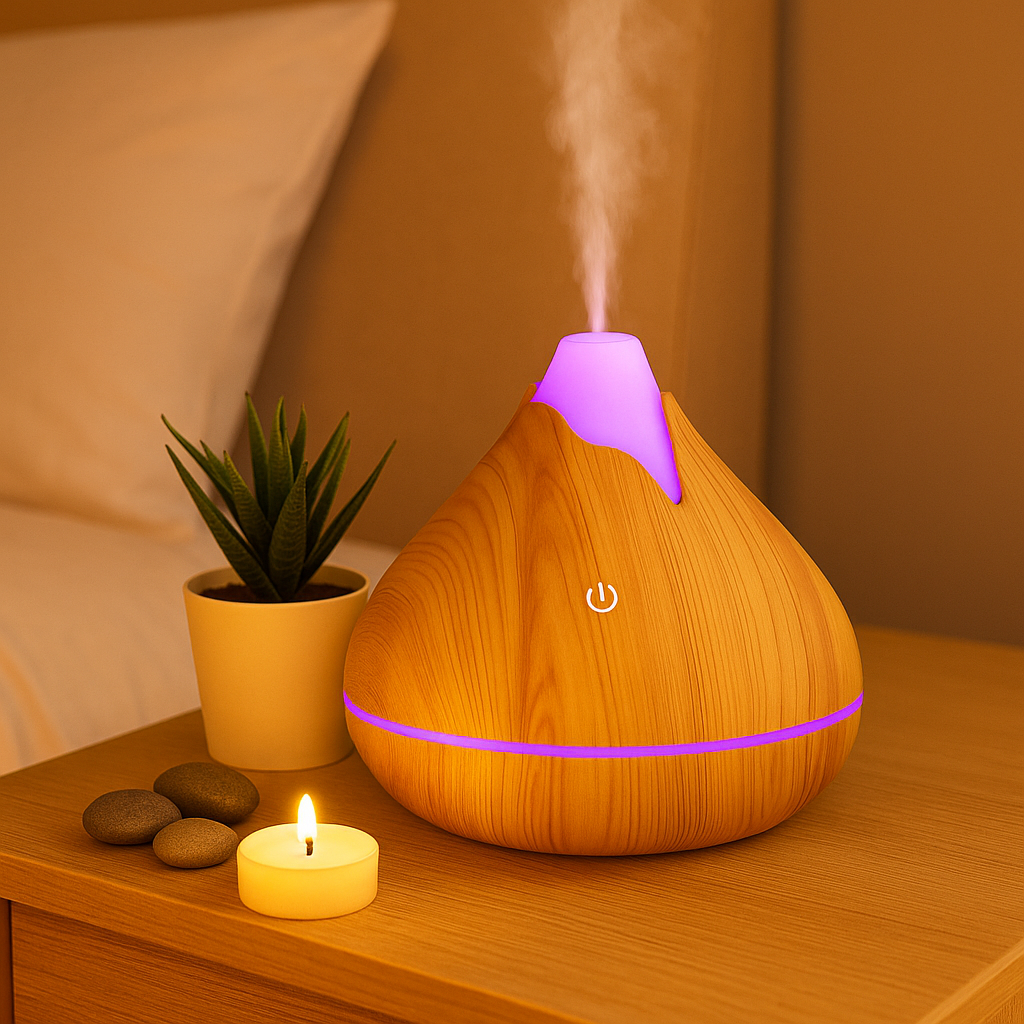 Diffuseur huiles essentielles en bois clair avec lumière apaisante, posé sur une table de nuit