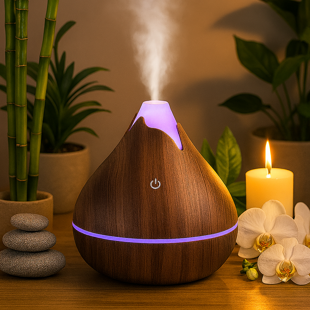 Diffuseur d'huiles essentielles en bois foncé avec éclairage violet posé dans une ambiance zen avec fleurs, plantes et bougie autour