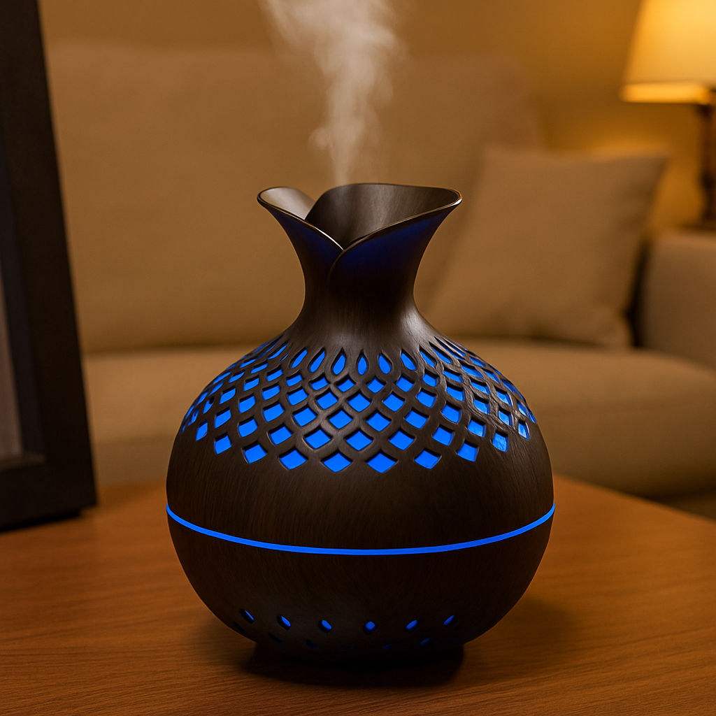 Diffuseur d’huiles essentielles en bois foncé avec éclairage LED bleu, diffusant une brume fine dans un salon tamisé en soirée.