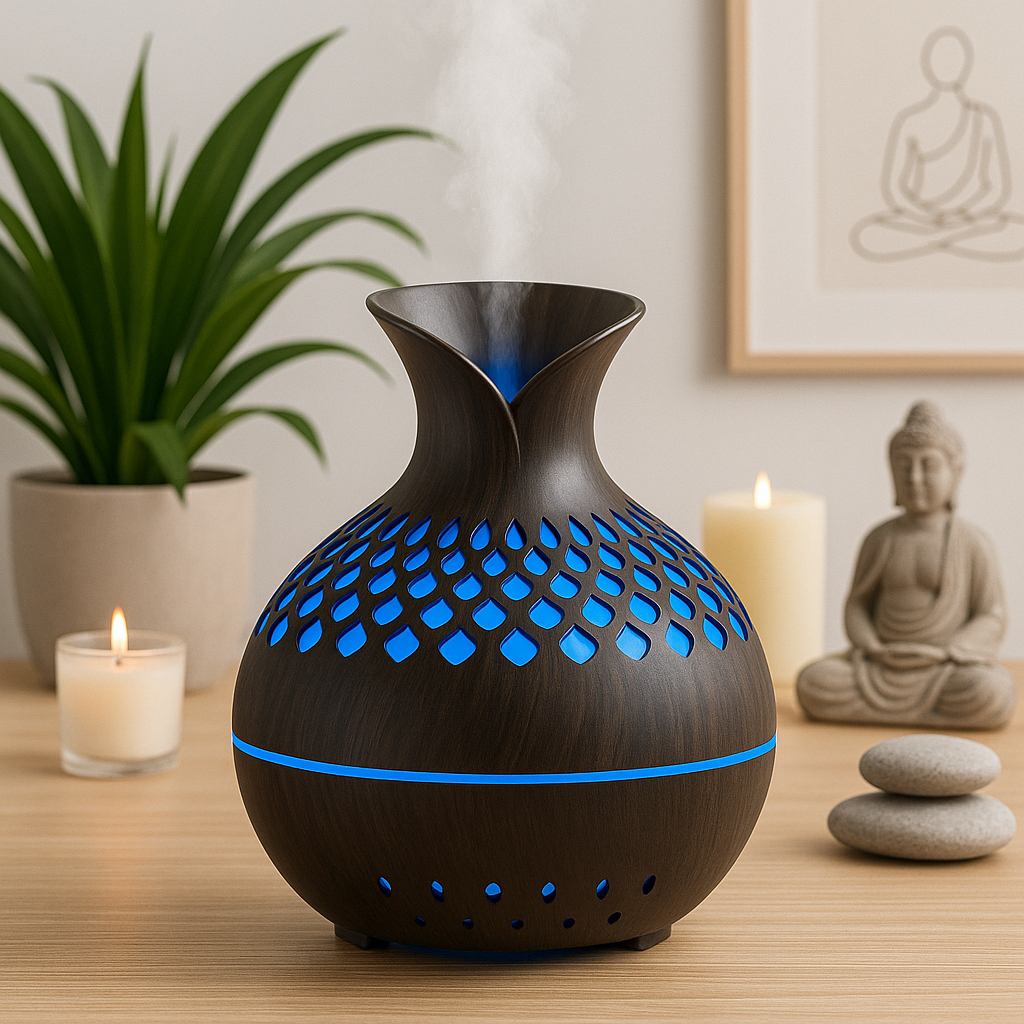 Diffuseur d’huiles essentielles en bois foncé avec éclairage bleu, posé sur une table près de bougies et d'une statue de méditation.