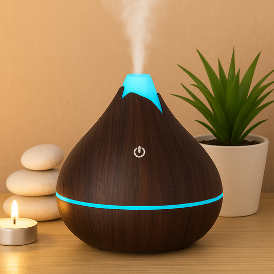 Diffuseur d’huiles essentielles en bois foncé, forme volcan, vapeur visible et lumière LED bleue 