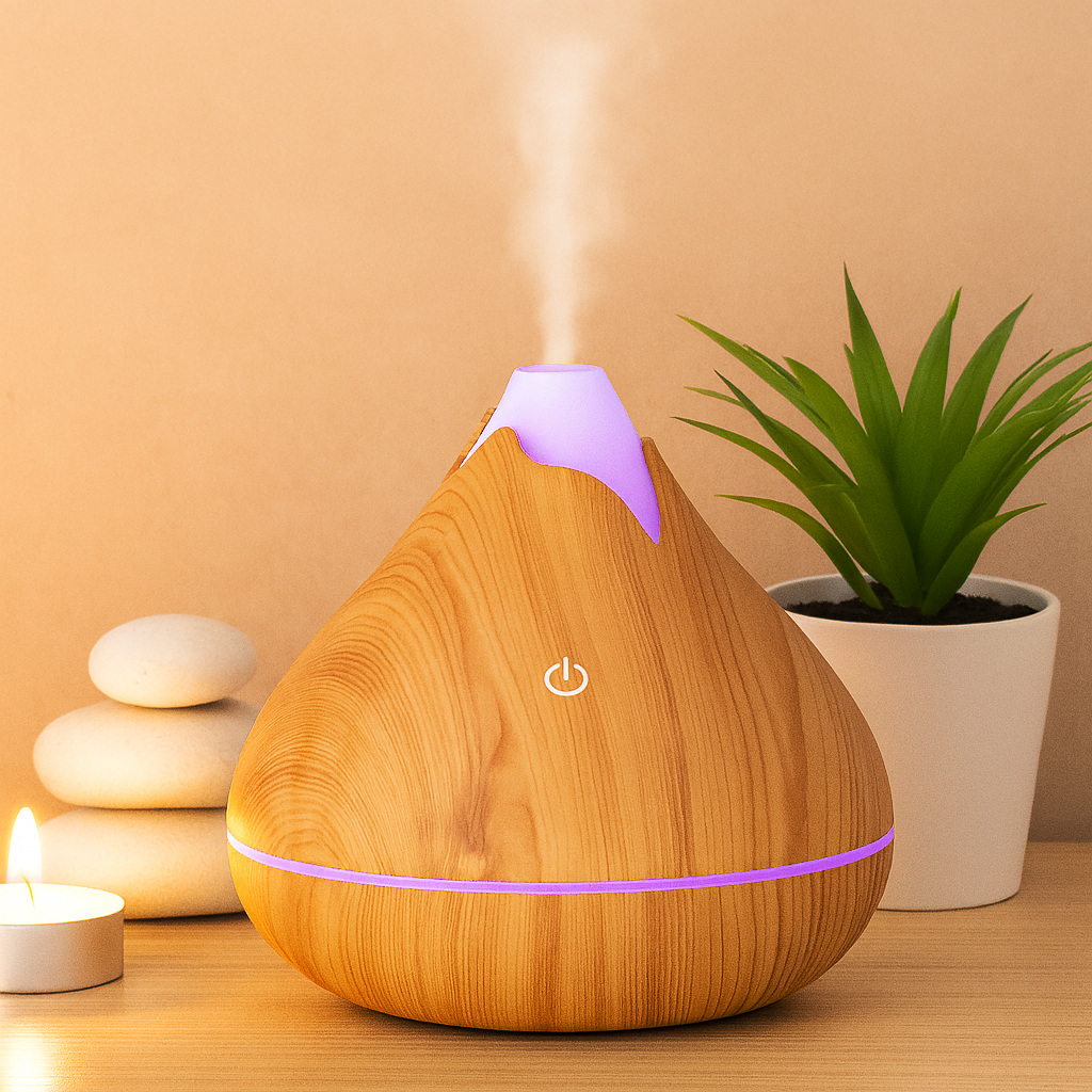 Diffuseur d’huiles essentielles design bois clair, forme volcan, avec brume et lumière LED 