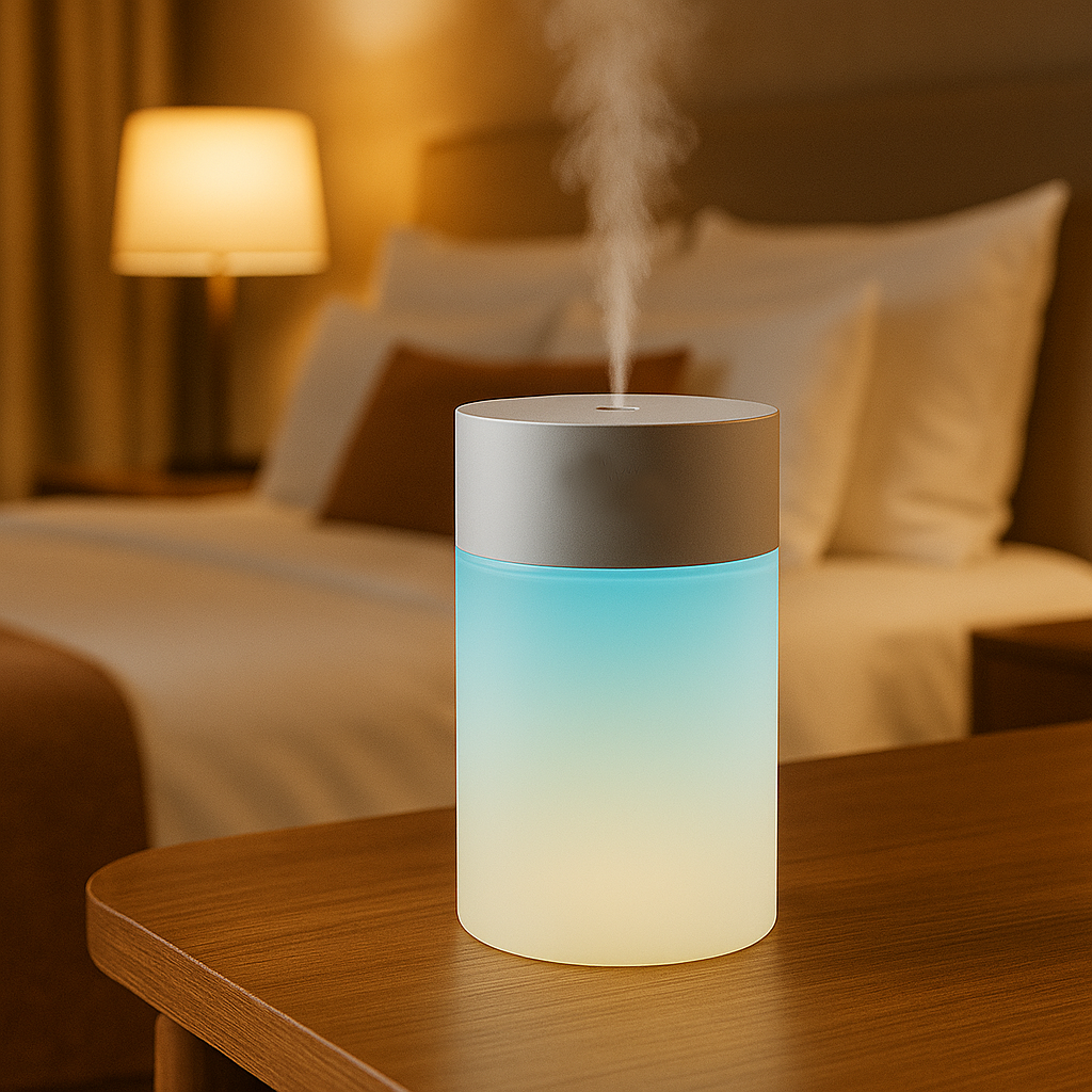 Diffuseur d’huiles essentielles au design cylindrique, émettant une lumière douce bleutée, posé sur une table de nuit dans une chambre cosy et relaxante.


