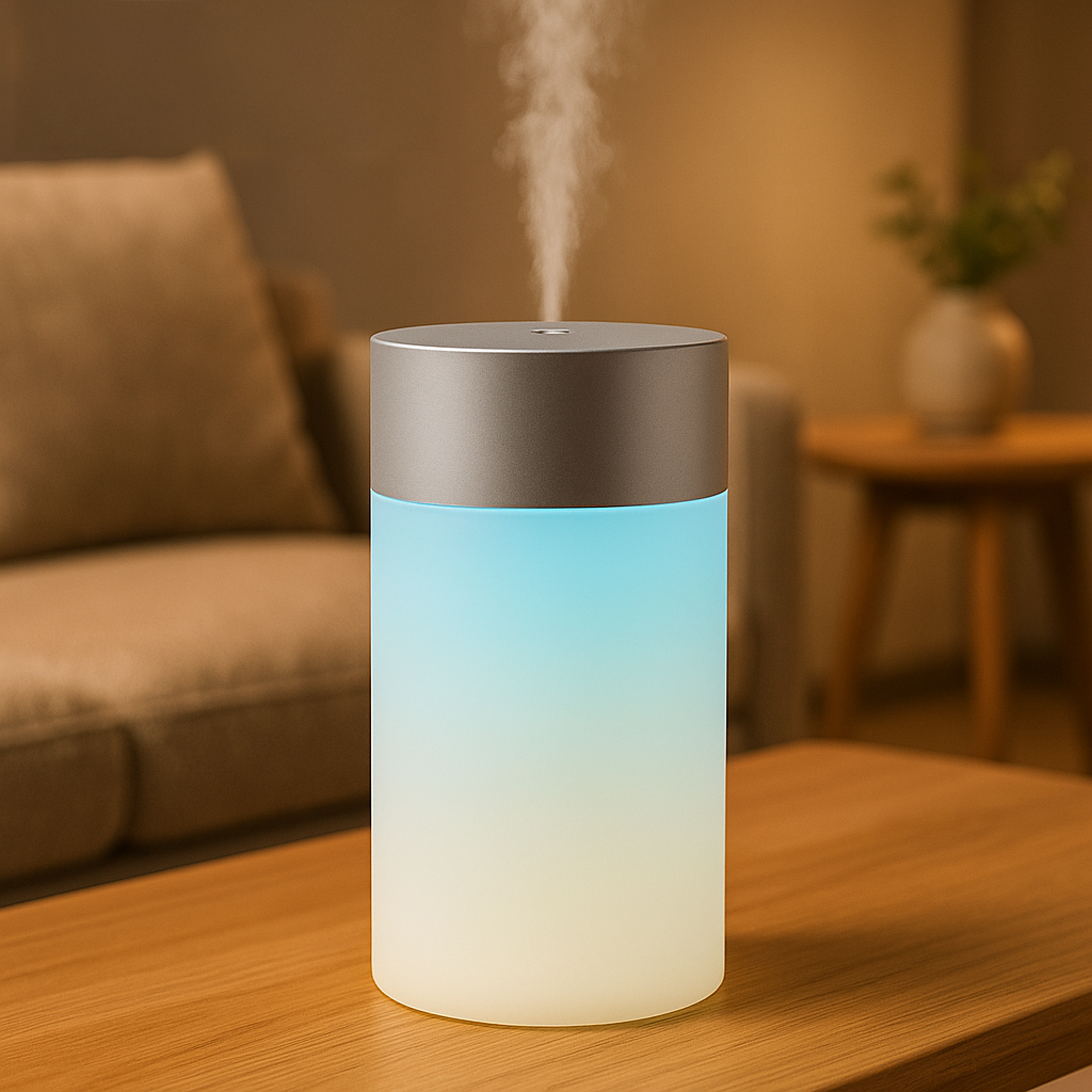 Diffuseur d’huiles essentielles au design cylindrique moderne, avec lumière bleue, posé sur une table dans un intérieur chaleureux et épuré.