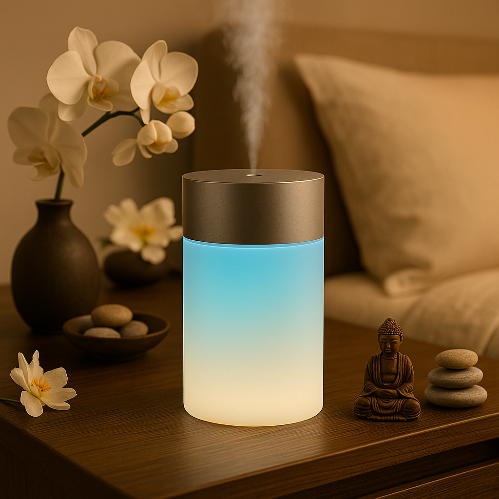 Diffuseur d'huiles essentielles cylindrique avec lumière bleue, posé sur une table de chevet, entouré de fleurs, galets et statue de Bouddha pour une ambiance relaxante.