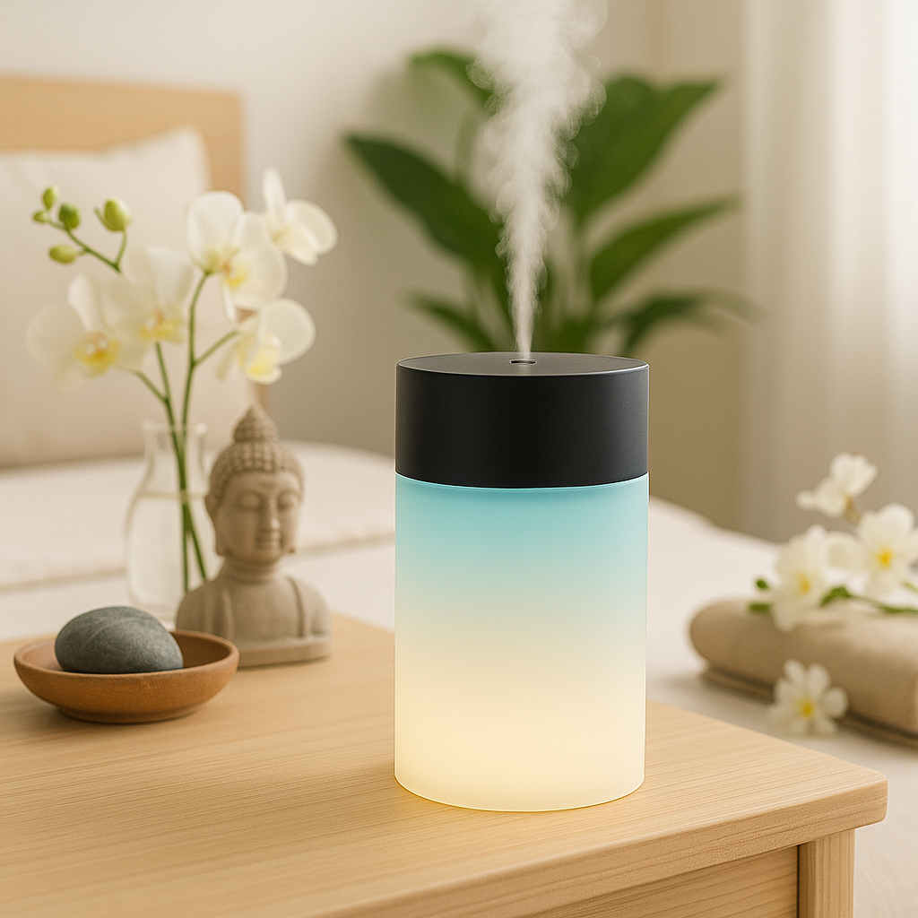 Diffuseur d’huiles essentielles au couvercle noir, diffusant une brume légère sur une table de chevet dans une chambre apaisante avec orchidées et statuette de Bouddha.