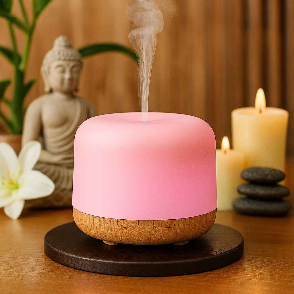 Diffuseur d’huiles essentielles rose allumé, ambiance détente avec bougies, galets et statue de Bouddha