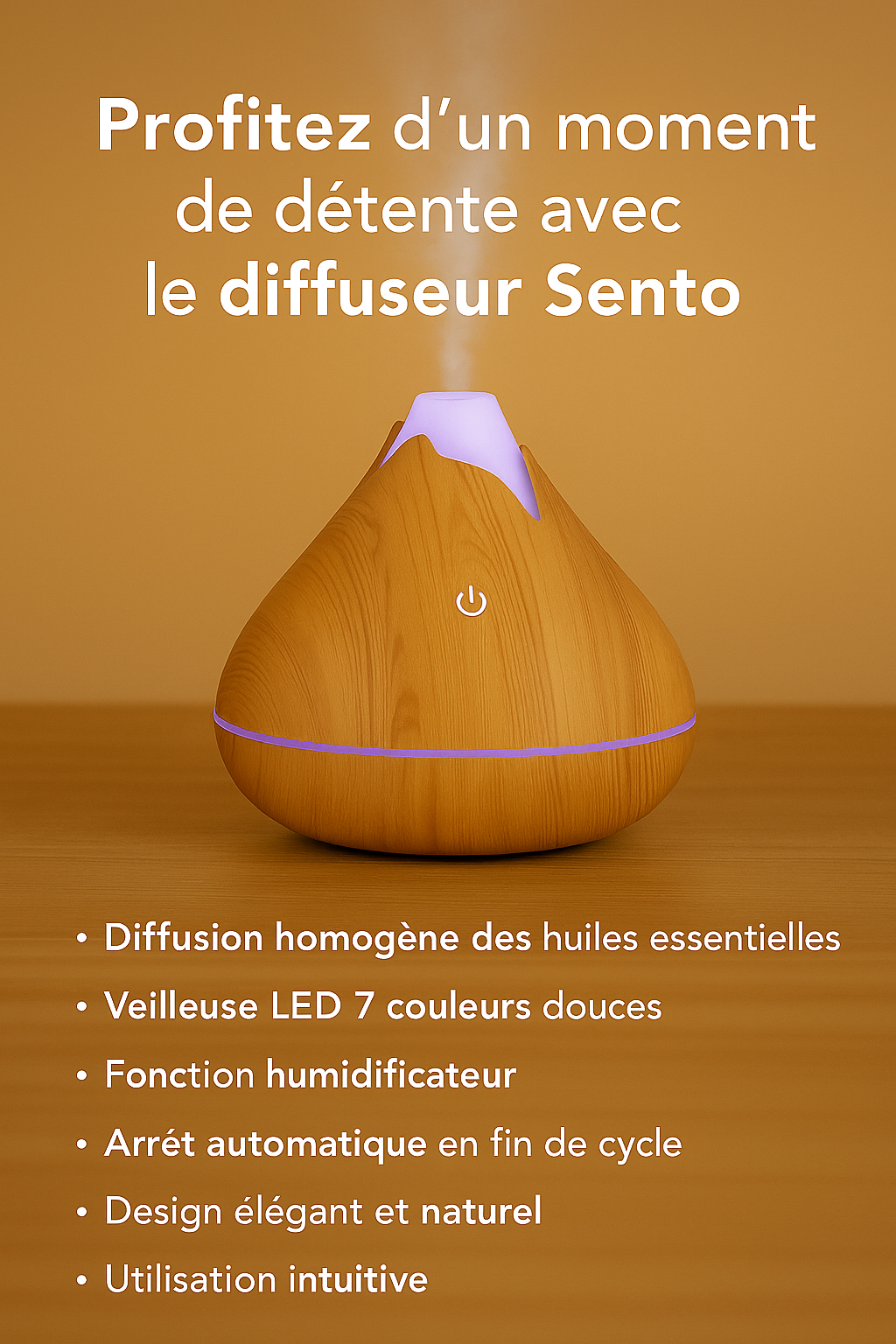 Diffuseur d’huiles essentielles Sento en bois clair avec vapeur et LED violette, texte descriptif des fonctionnalités à droite
