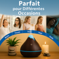 Utilisation quotidienne du diffuseur d’huiles essentielles illustrée pour différents moments de la journée — matin, travail, thé, yoga, sommeil 
