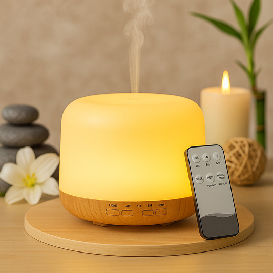 Diffuseur d’huiles essentielles en bois et verre dépoli, posé dans une ambiance zen avec lumière douce et télécommande, idéal pour l’aromathérapie et la relaxation