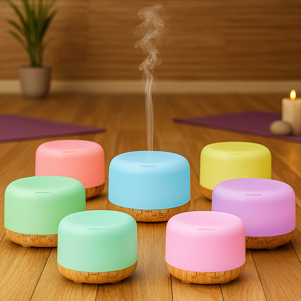 Ensemble de diffuseurs d’huiles essentielles multicolores sur sol en bois, ambiance zen et bien-être
