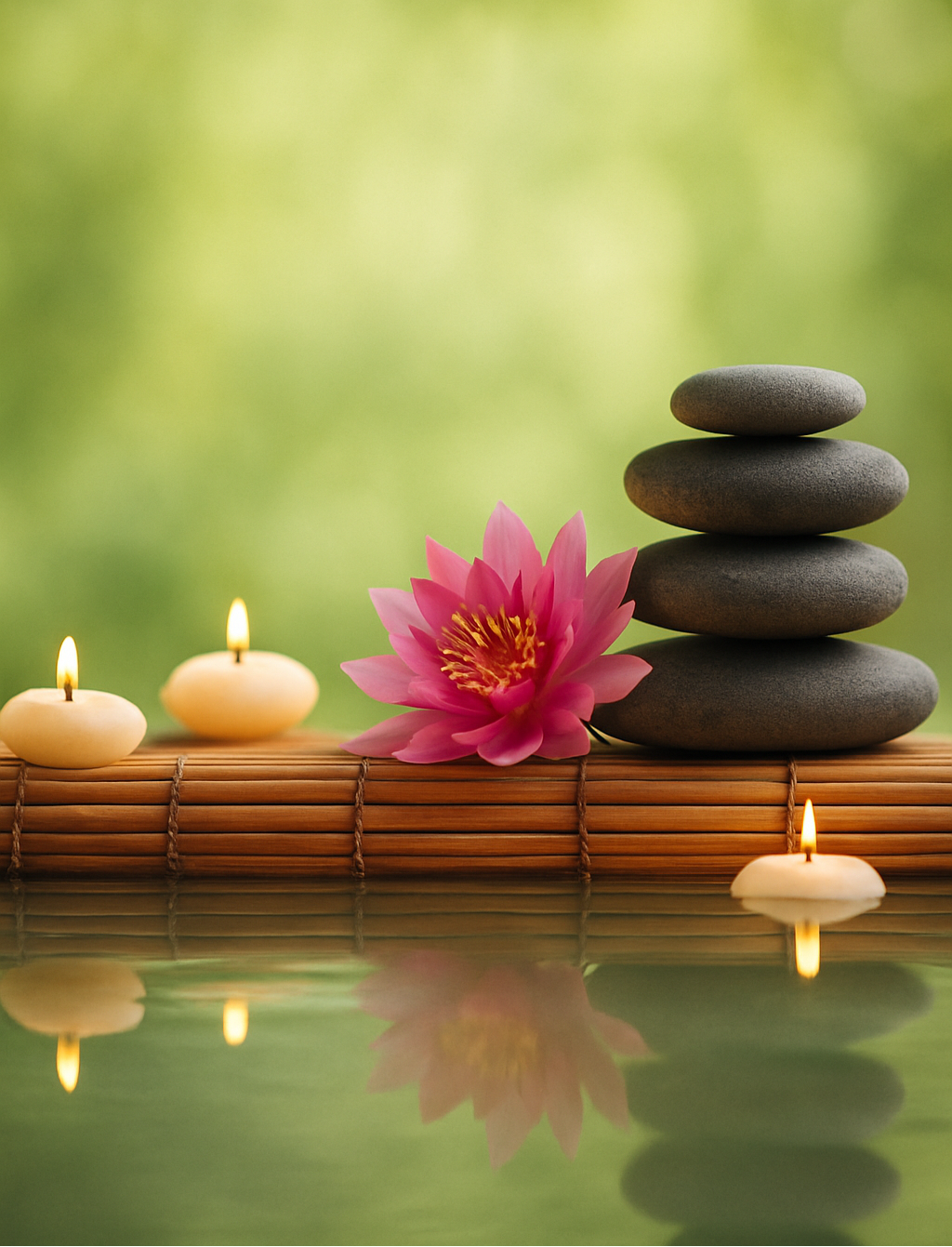 Galets empilés, fleur de lotus rose et bougies flottantes alignées sur un support en bambou, reflet dans l’eau verte