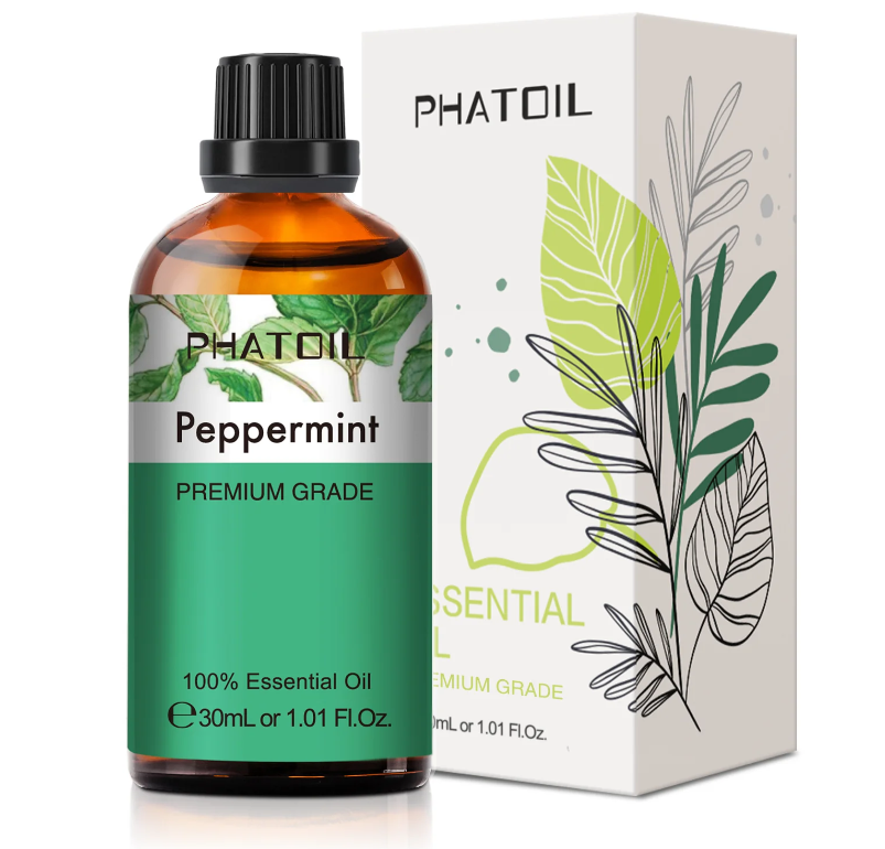 Flacon d’huile essentielle de menthe poivrée Phatoil 30 ml, flacon couleur vert légèrement bleuté
