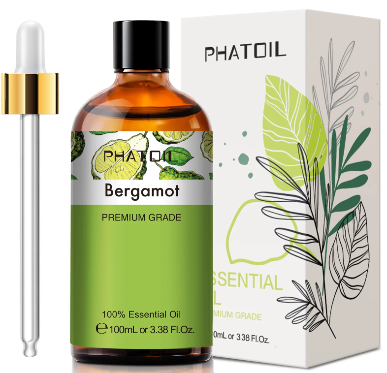 Huile de bergamote en flacon 100 ml avec pipette, flacon couleur vert revitalisant