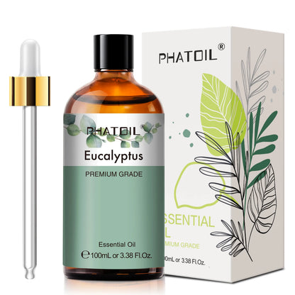 Flacon d’huile essentielle eucalyptus 100 ml avec sa boite et sa pipette
