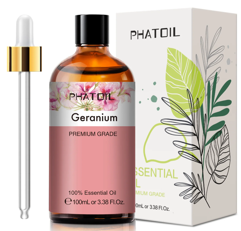 Huile essentielle de géranium 100 ml, flacon couleur rose