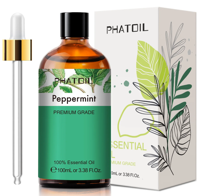 Flacon 100 ml menthe poivrée – huile essentielle, avec sa pipette et sa boite en arrière plan