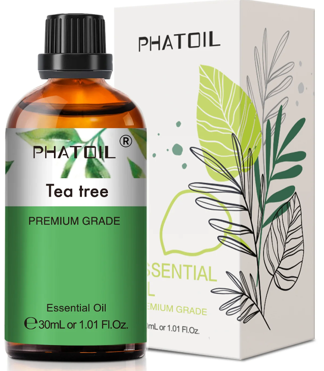 Flacon d’huile essentielle de tea tree Phatoil 30 ml, avec sa boite en arrière plan