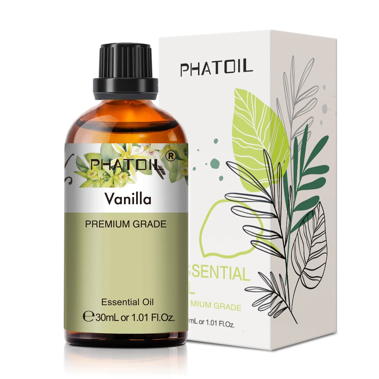 Flacon d’huile essentielle de vanille Phatoil 30 ml, flacon couleur vert