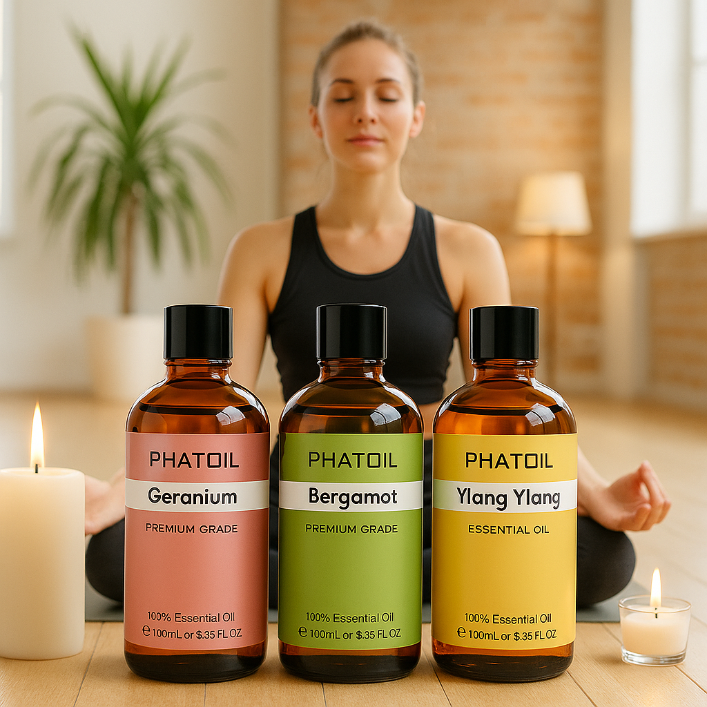 Trois flacons d’huiles essentielles Phatoil (géranium, bergamote, ylang-ylang) de 100 ml posés devant une femme en méditation, entourés de bougies dans une pièce lumineuse