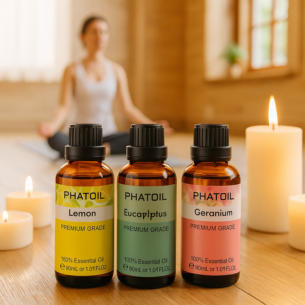 Trois flacons d’huiles essentielles Phatoil (citron, eucalyptus, géranium) posés sur un sol en bois, avec des bougies allumées et une femme en posture de yoga à l’arrière-plan

