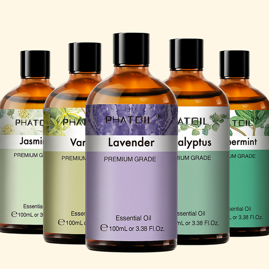 Cinq flacons de 100 ml d’huiles essentielles naturelles PHATOIL : lavande, vanille, jasmin, eucalyptus, menthe poivrée

