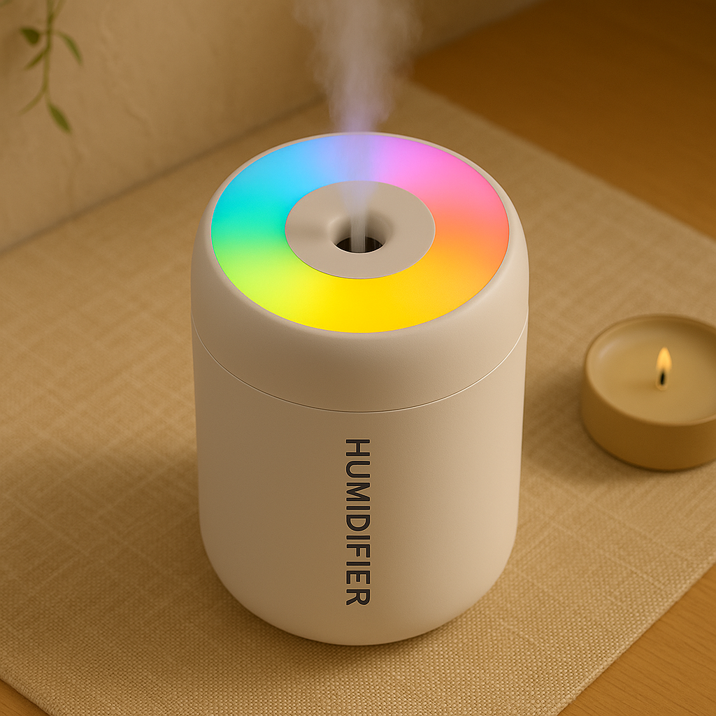 Diffuseur blanc avec éclairage LED multicolore diffusant de la vapeur, posé sur une table en bois à côté d’une bougie allumée