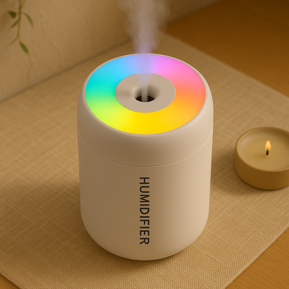 Diffuseur blanc avec éclairage LED multicolore diffusant de la vapeur, posé sur une table en bois à côté d’une bougie allumée