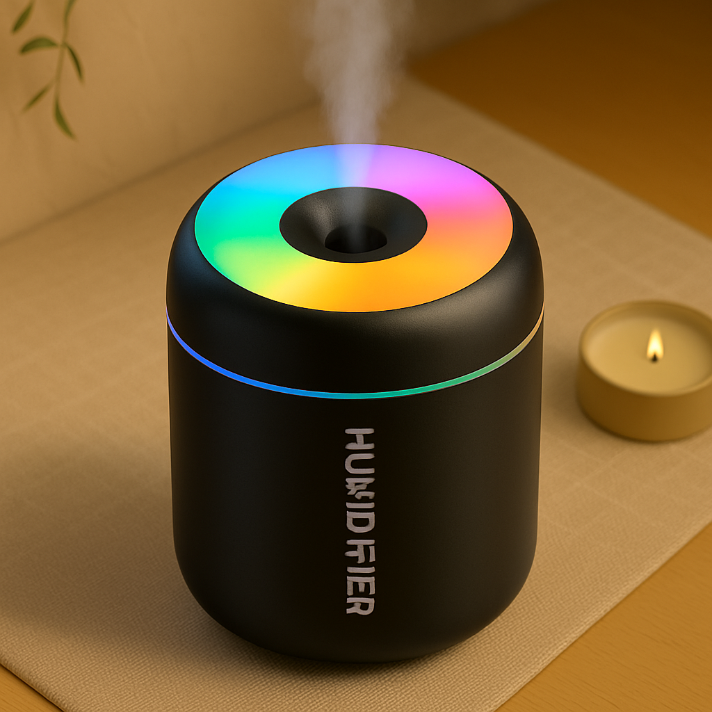 Humidificateur noir à LED multicolores diffusant de la vapeur, posé sur une table avec une bougie allumée en arrière-plan.