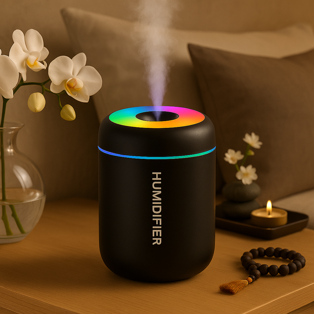 Diffuseur noir à LED multicolore diffusant de la vapeur, posé sur une table en bois dans un espace de relaxation décoré d’une orchidée, de galets, d’un bracelet mala et d’une bougie allumée