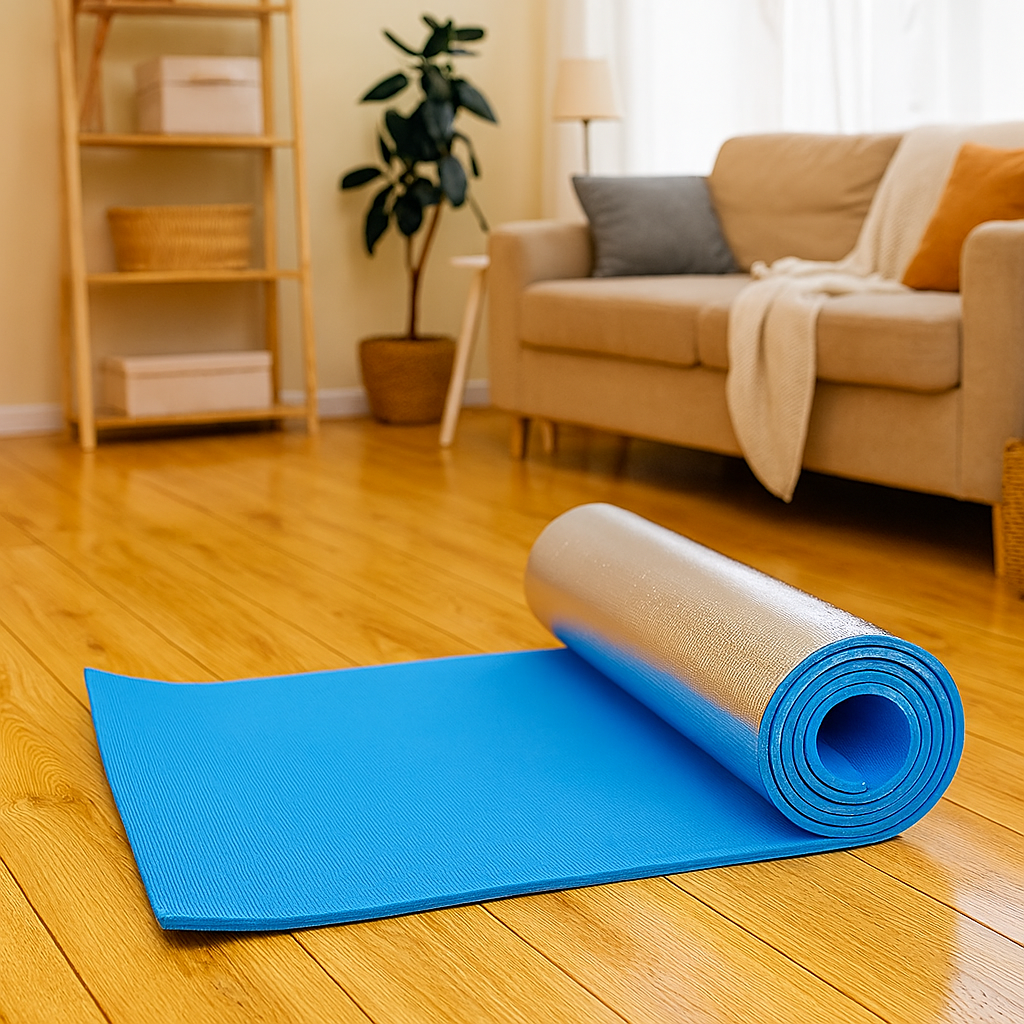 Tapis de yoga bleu 10 mm avec revêtement argenté antidérapant, idéal pour le yoga, le pilates et les séances de relaxation en intérieur