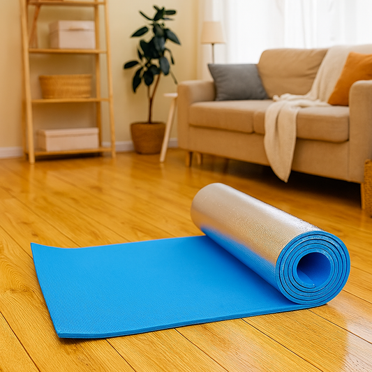Tapis de yoga bleu 10 mm avec revêtement argenté antidérapant, idéal pour le yoga, le pilates et les séances de relaxation en intérieur