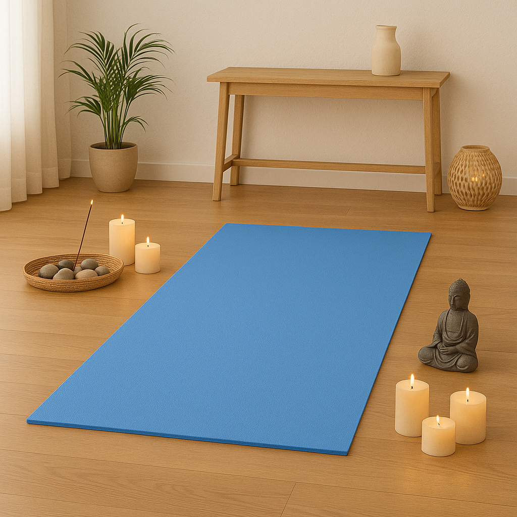 Tapis de yoga bleu 10 mm, posé dans une ambiance zen avec bougies et statue de méditation, idéal pour yoga et pilates
