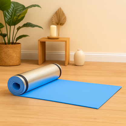 Tapis de yoga bleu épaisseur 6 mm posé dans un espace épuré, adapté à la pratique du yoga, du pilates et aux instants de relaxation