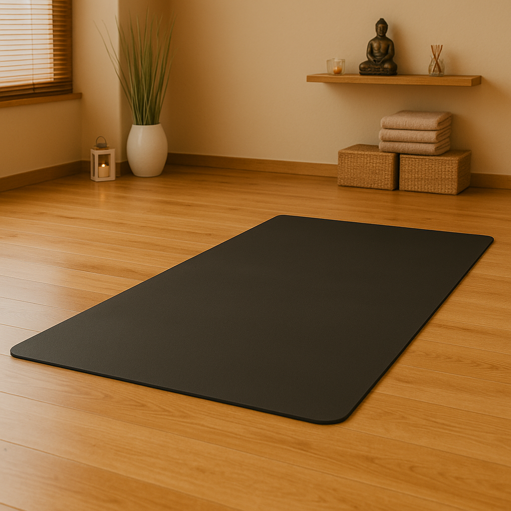 Tapis de yoga noir totalement déroulé dans un décor bien-être avec une statut de bouddha