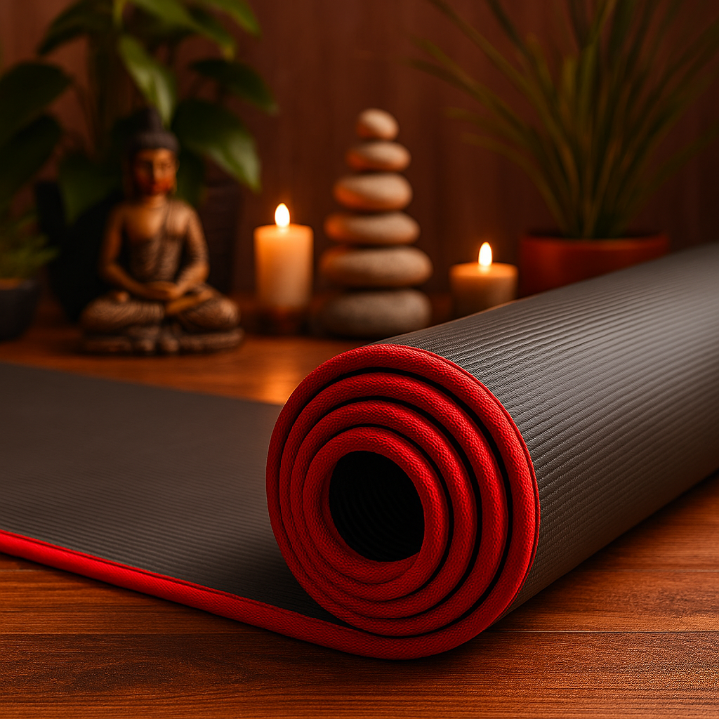 Tapis de yoga noir épais 10 mm avec bordure rouge, déroulé dans un décor chaleureux propice à la concentration, au yoga et au pilates